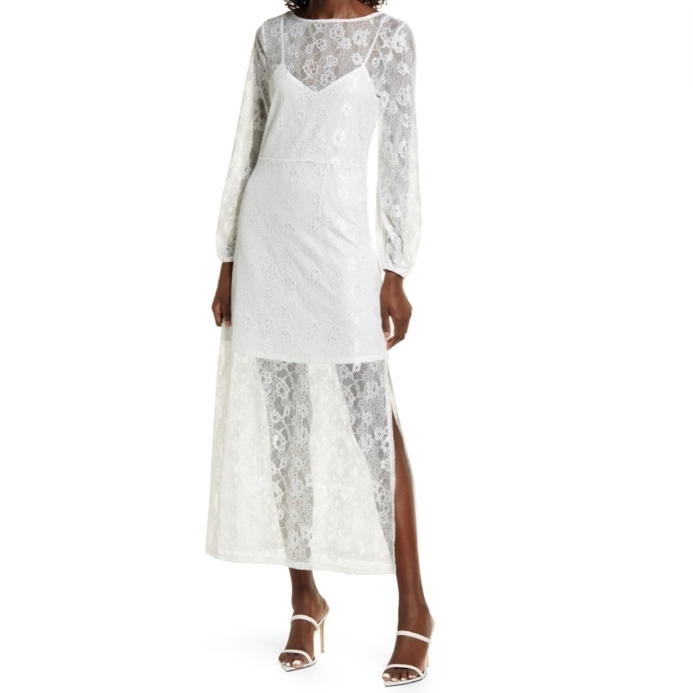 Open Edit White Sheer Lace Long Sleeve Maxi Dress